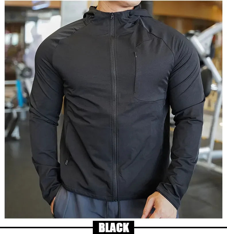Men's Nylon Sport Coat Gym Fitness Hoodies Outdoor Workout Tops Hooded Training Running Zipped Jacket