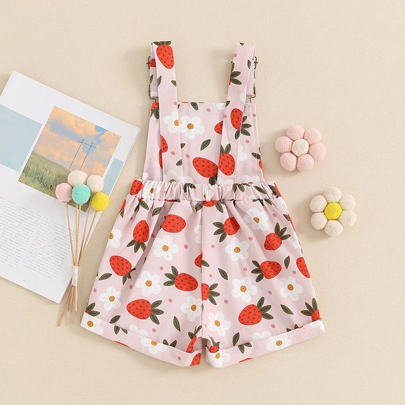 Kids Girls Overalls Shorts 0-6Y Sleeveless Straps Strawberry/Flower Print Denim Button Pocket Jumpsuit