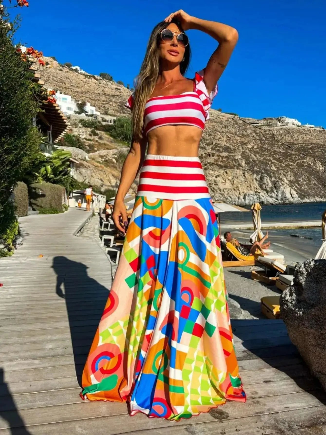Women's Square Collar Flying Sleeve Crop Top & High Waist A-Line Maxi Skirt Set