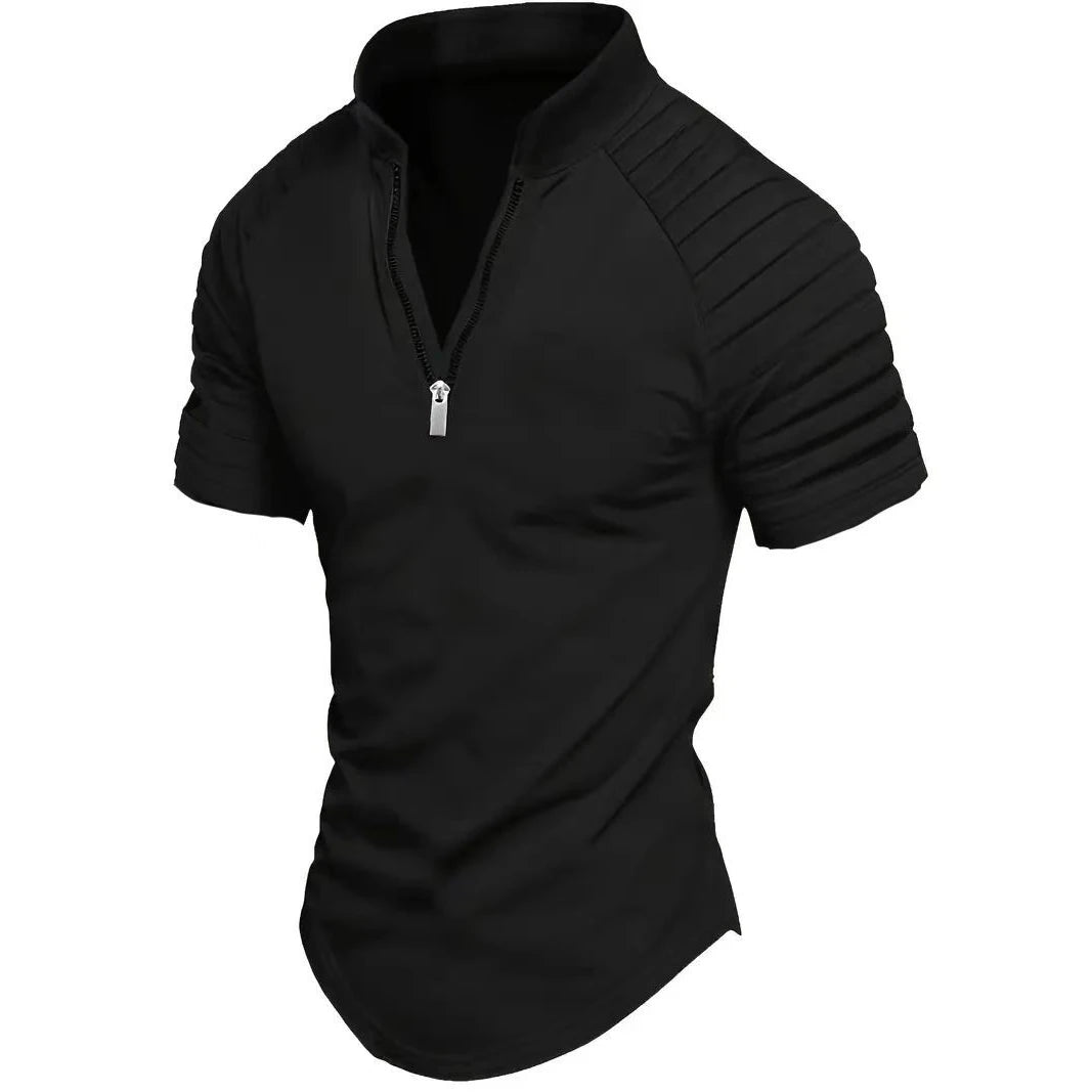 Men's Summer Stand Collar Short Sleeve Half Zipper Casual Polo Shirt