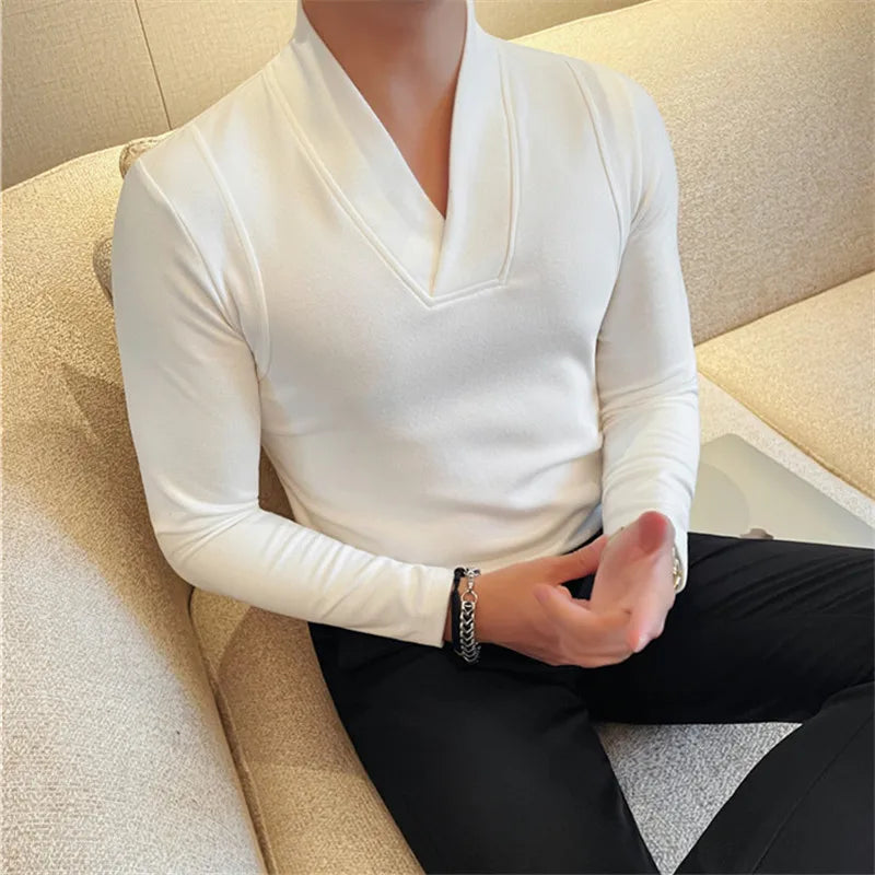 Men's Slim Fit V-Neck Patchwork T-Shirt