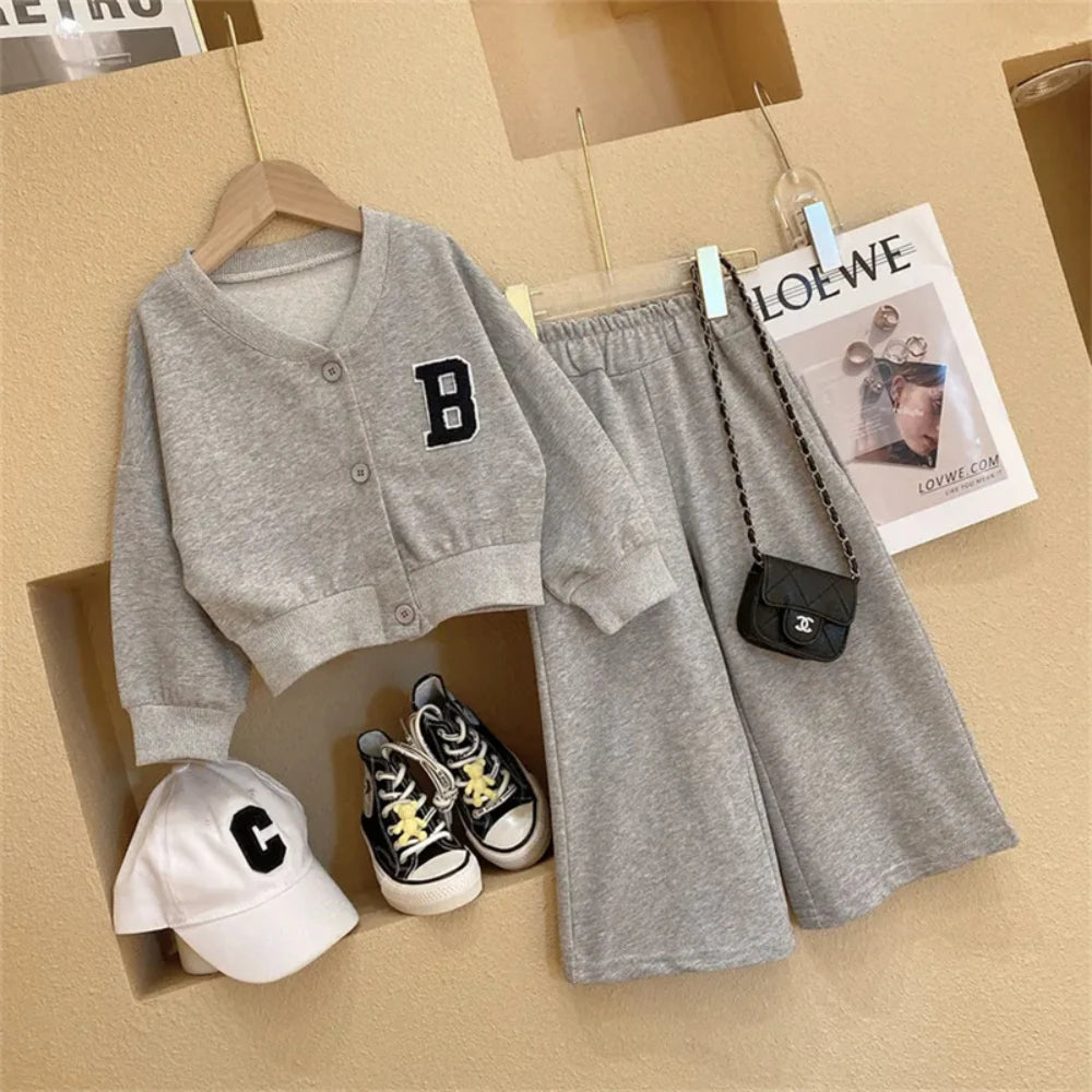 Girl's Casual Baseball Jacket and Wide Leg Pants 2PCS