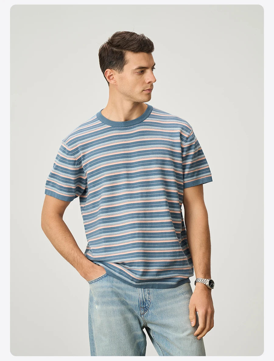 Men's Premium Knitted Striped T-Shirt - 14 Gauge Jacquard Regular Fit