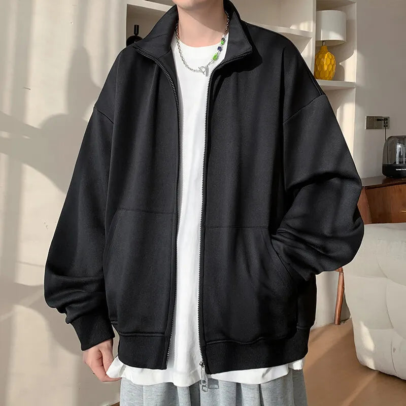 Men's Stand Collar Cardigan Hoodie - Double Zipper Casual Jacket