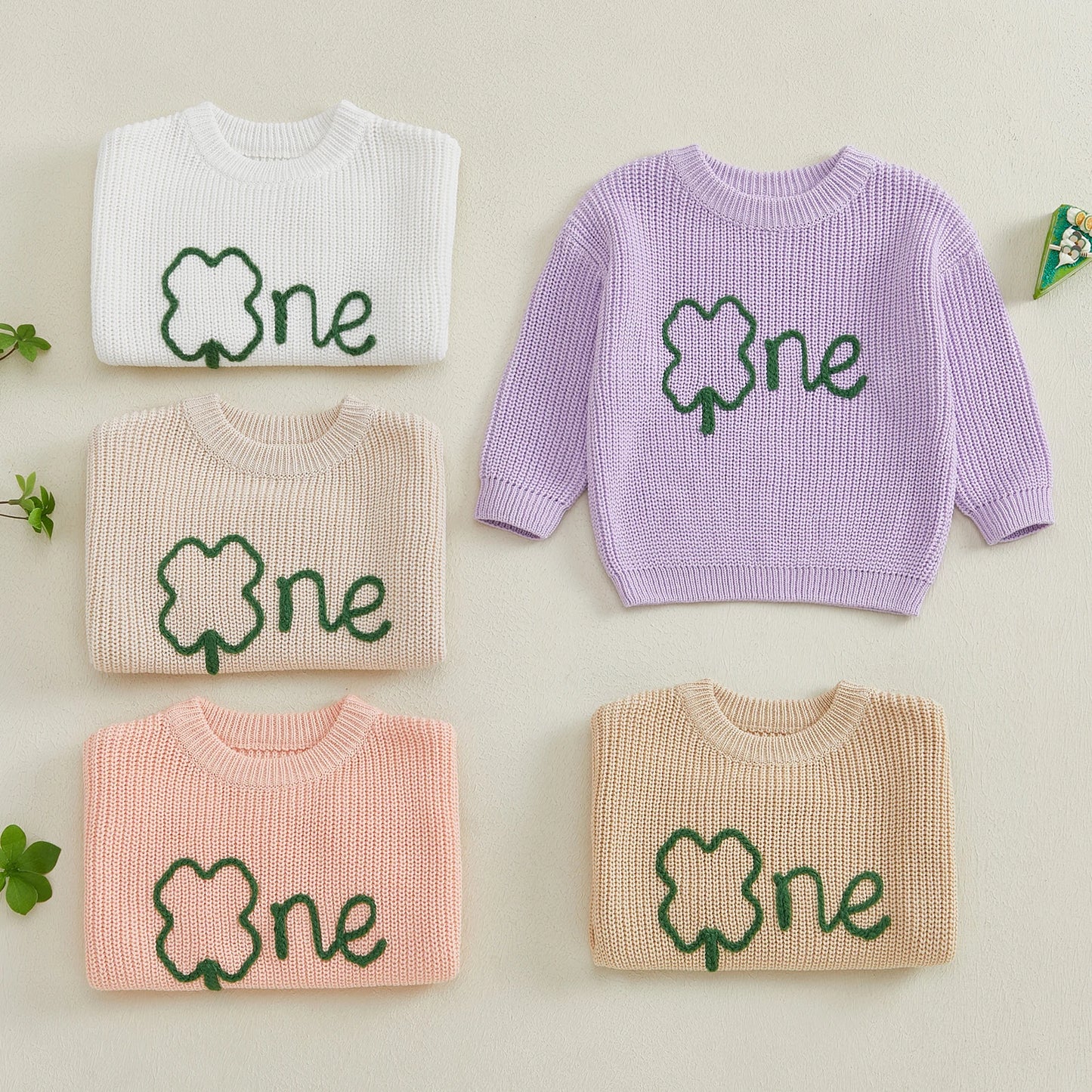 Baby Boys Girls Birthday Sweater 0-18M Clover Letter Embroidery Long Sleeve Pullover Knitwear