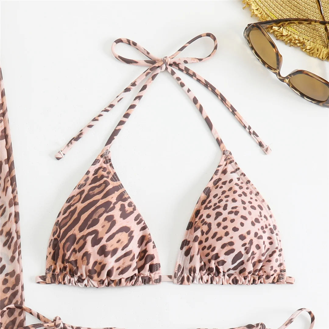 Women's Leopard With Skirt Halter Bikini Women Swimwear Swimsuit Three-pieces Bikini set