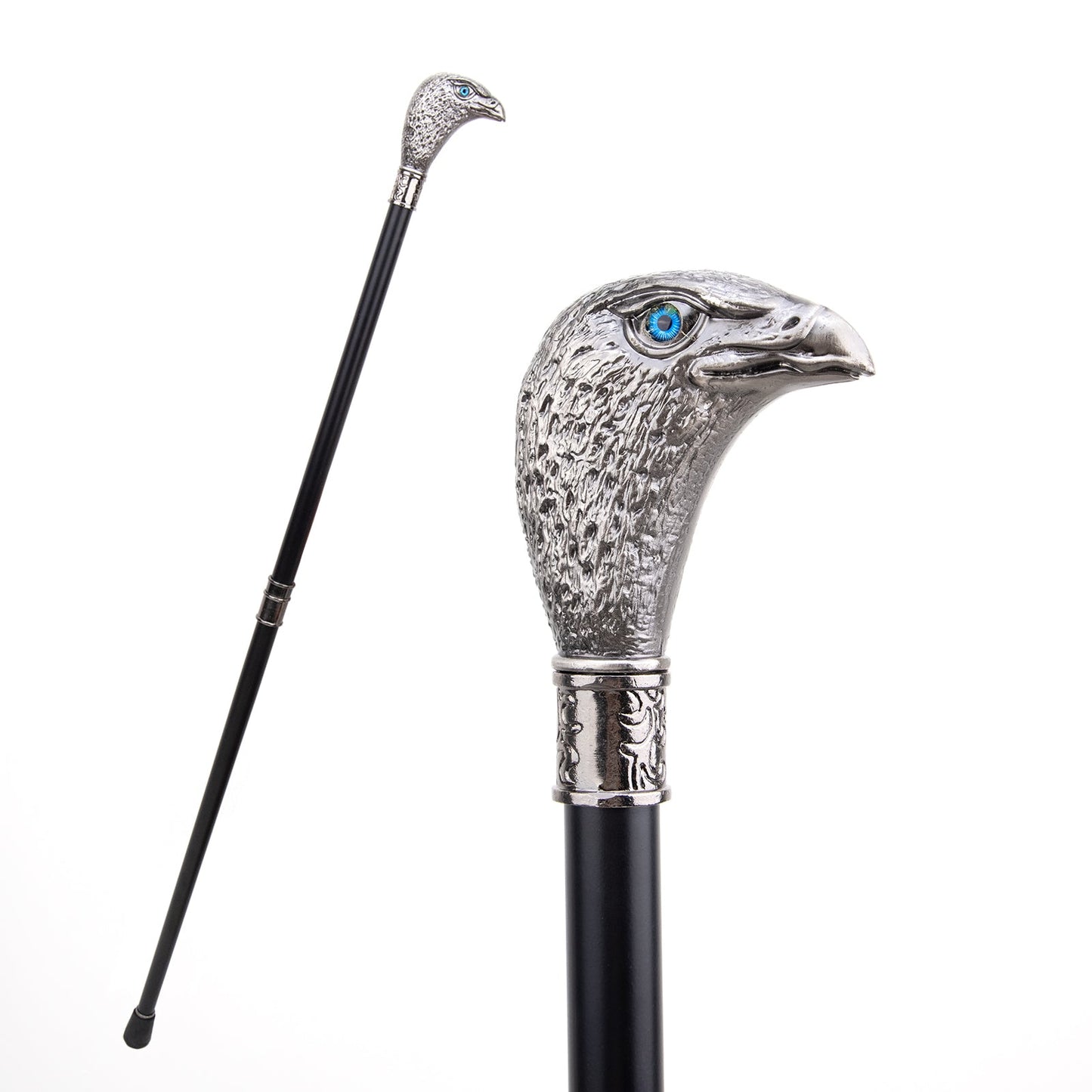 Sliver Eagle Head with Blue Eyes Walking Cane Fashion Decorative Walking Stick Gentleman Elegant Cosplay Cane Knob Crosier 93cm