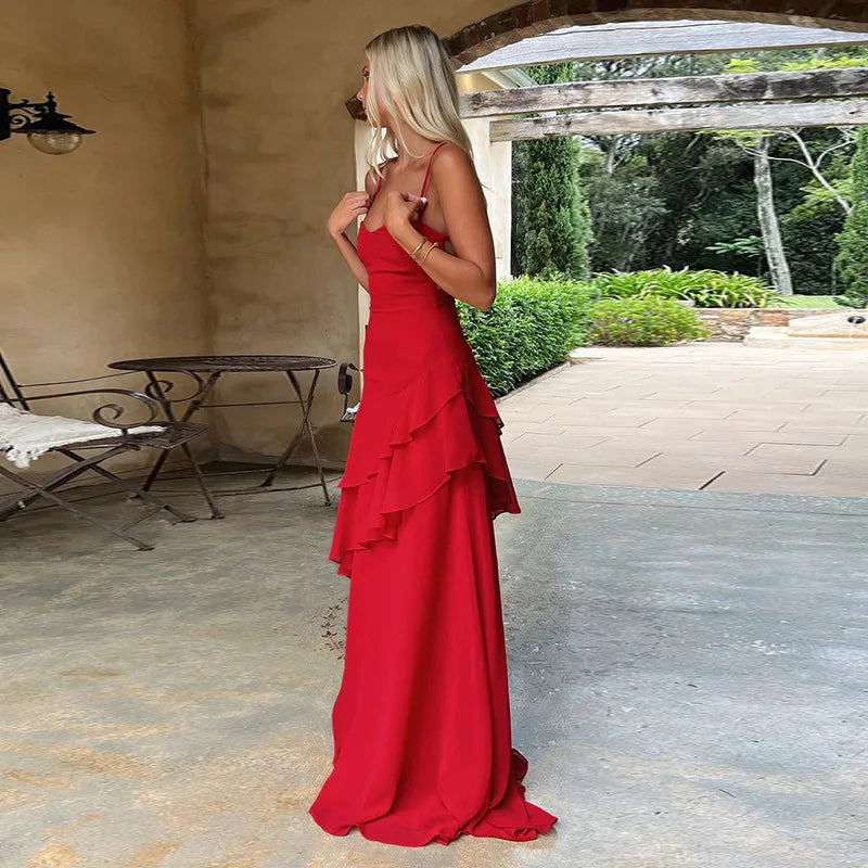 Women's Red Ruffled Slip Maxi Dress - Backless Summer Vacation Dress
