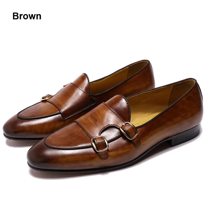 Men's Genuine Leather Loafers Handmade Monk Strap Shoes