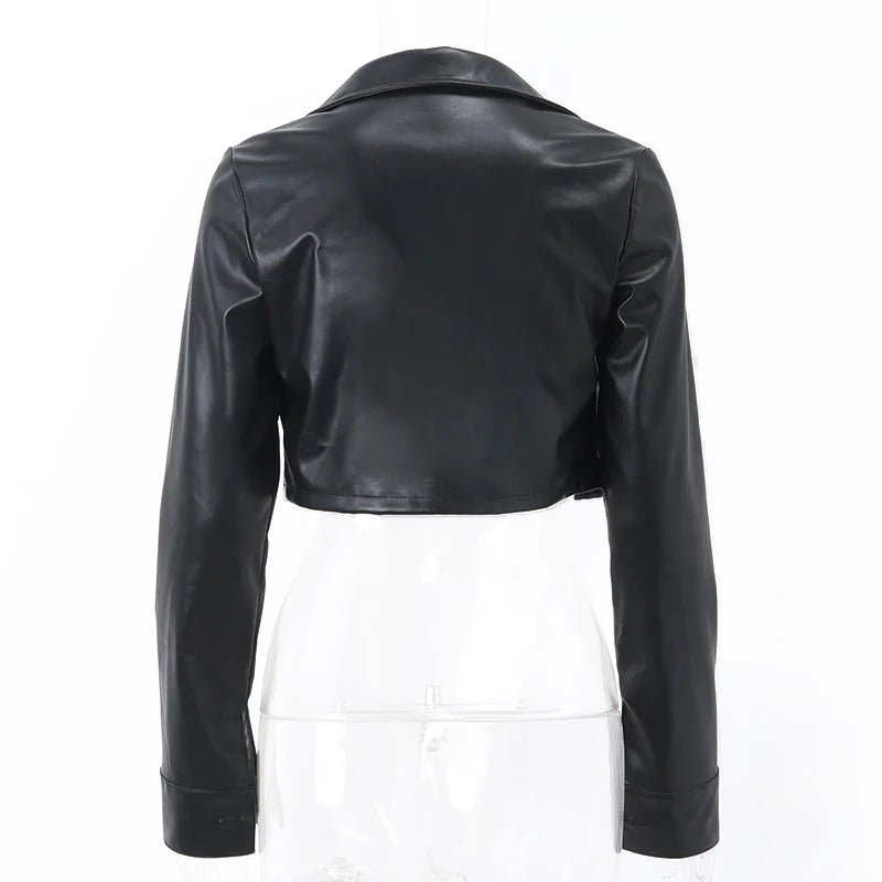 Women Turn-down Collar Button PU Faux Leather Short Jacket