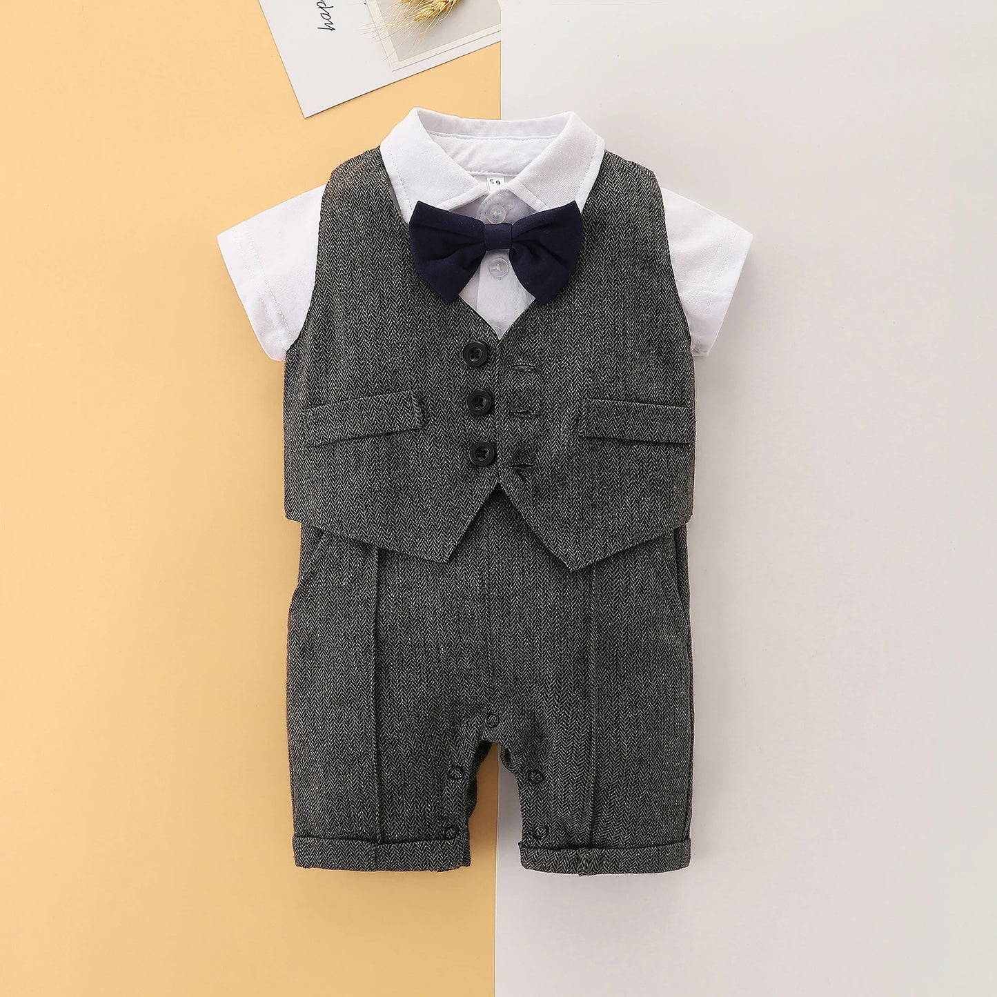 0-24M Baby Boys Gentleman Clothes Set - 3pcs Short Sleeve Patchwork Bow Romper ,Vest Coat and Hat