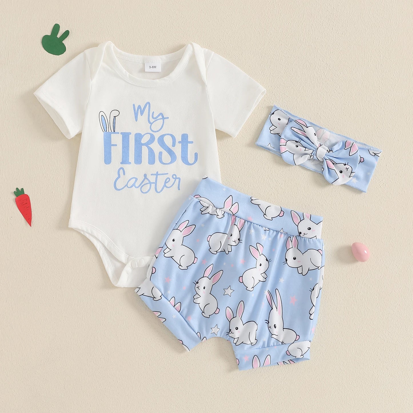 Baby Girls' Easter Outfit Set - Letter Print Romper, Carrot Bunny Shorts & Headband 3pcs