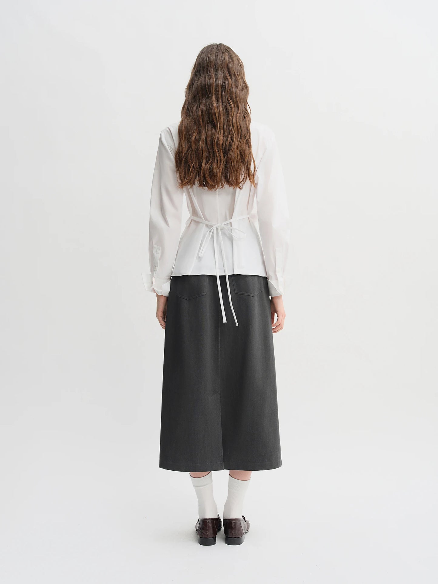 Pleated Tie-Waist Shirt & A-Line Skirt Suit - Tricolour Two-Piece