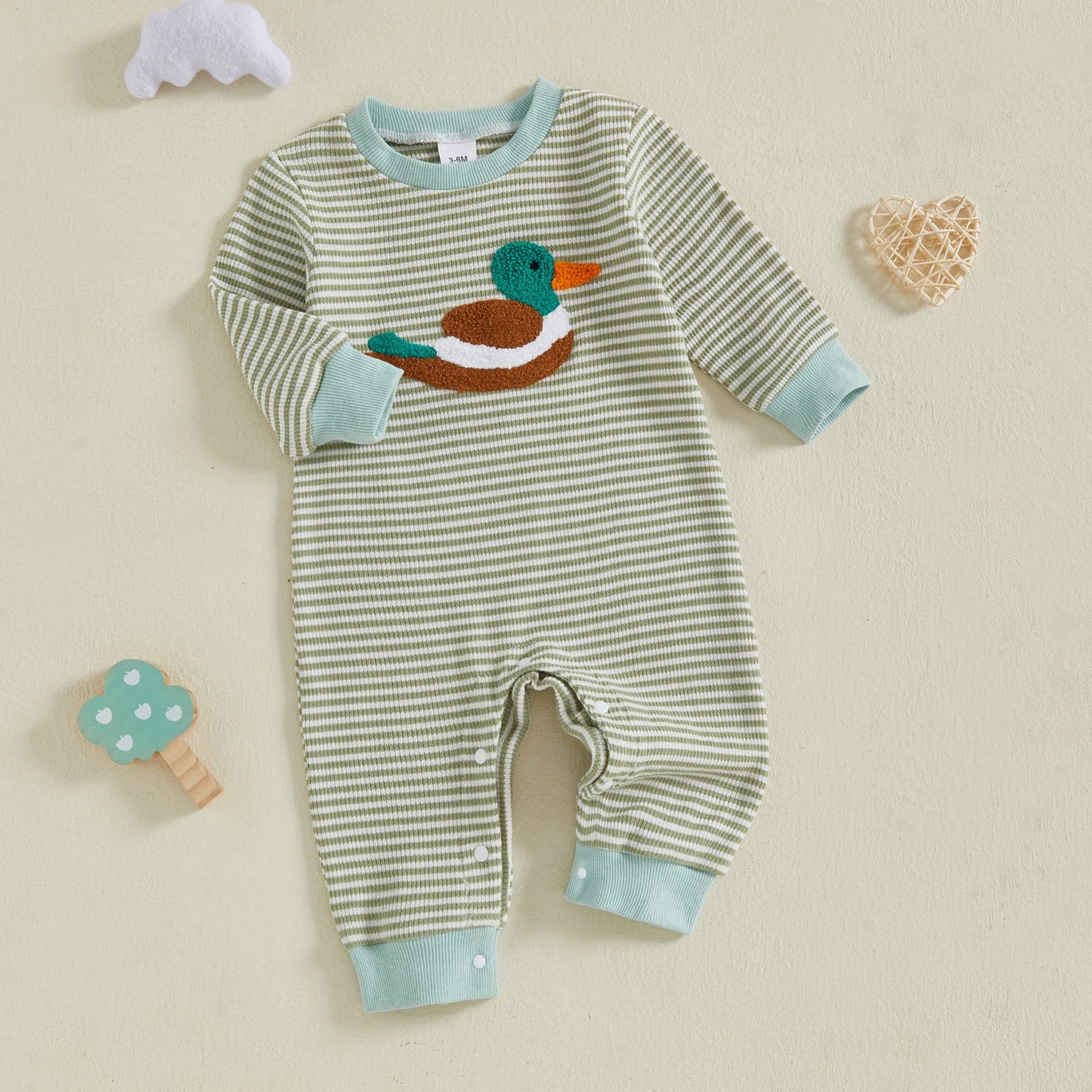 Baby Boys Striped Romper with Duck Embroidery - Long Sleeve Autumn Jumpsuit (0-18M)