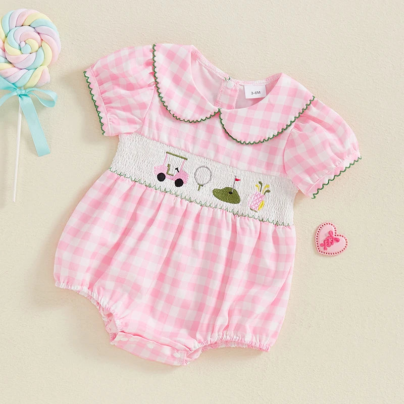 Baby Girls Summer Plaid Romper with Golf Embroidery - Doll Collar Jumpsuit (0-18M)