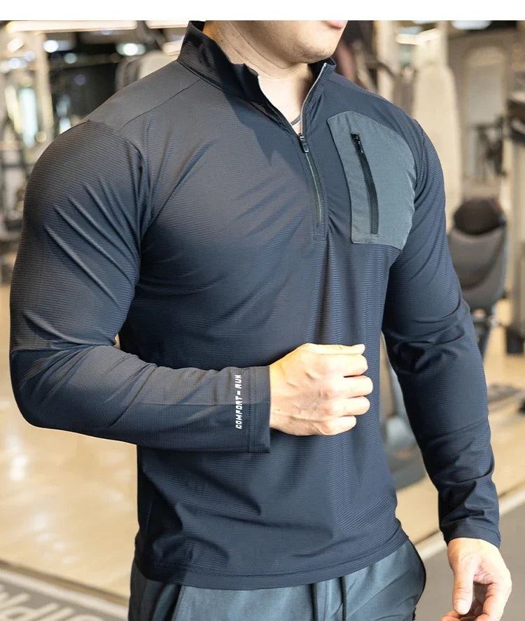 Men's Muscle Workout Sportswear Long Sleeve Running Clothing with Half Zip with Pockets Sports Gym Fitness Compression Shirt