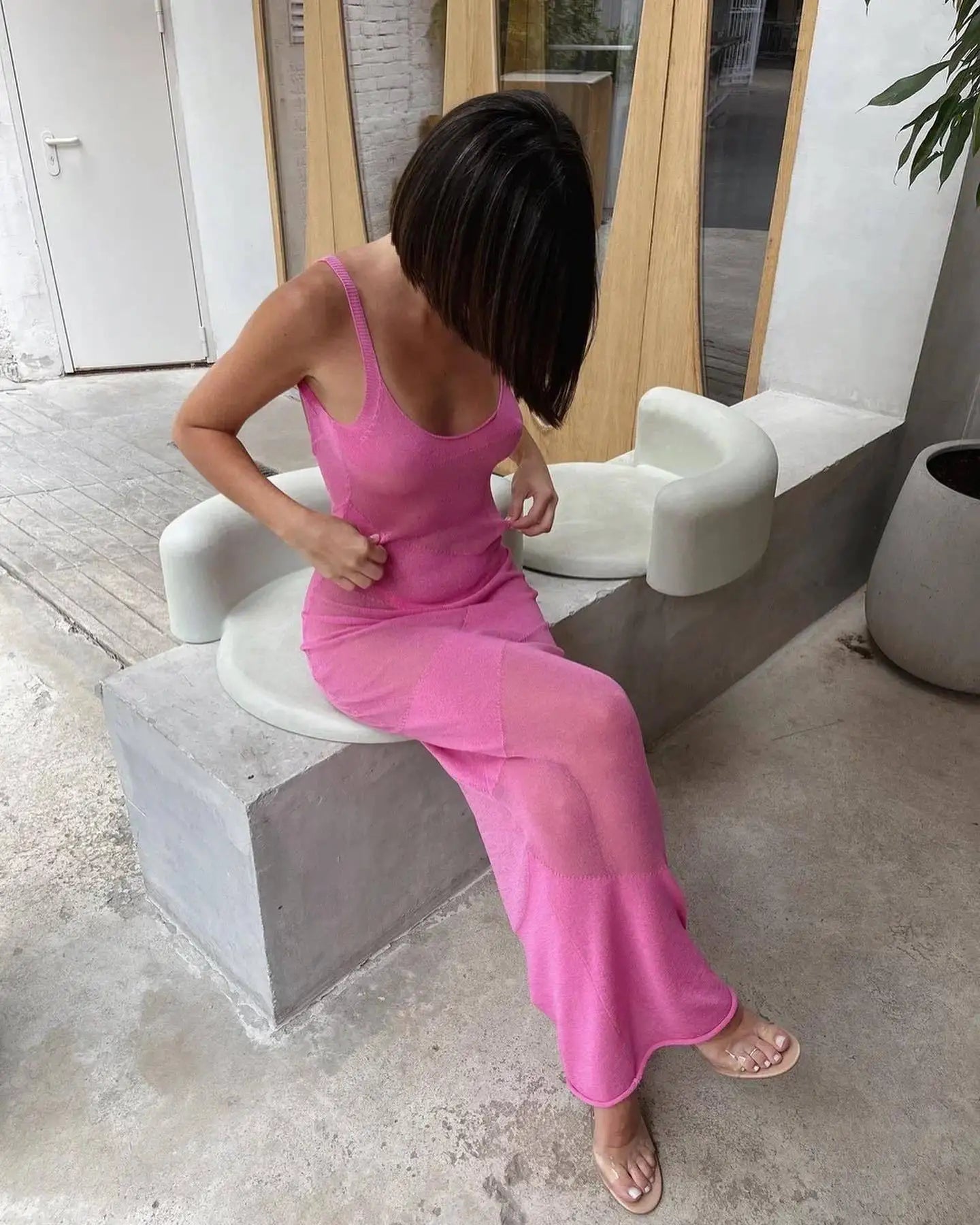 Women's Elegant Knitted See Through Beachwear Maxi Sleeveless Backless Dress