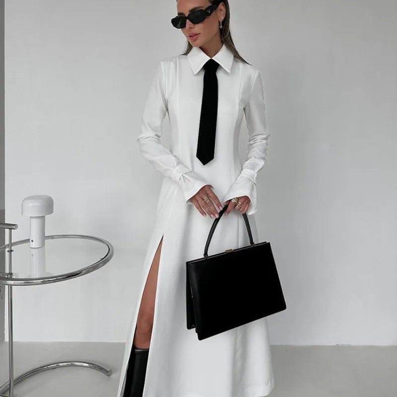 Women's Side Slit Long Turn Collar Tie Midi Loose Slender Dress