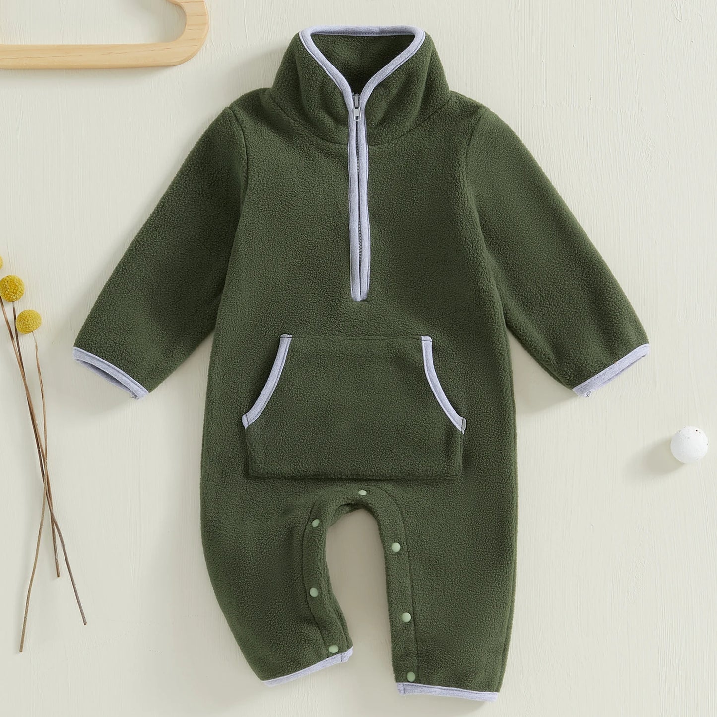 0-12M Baby Boys Fleece Romper Long Sleeve Stand Collar Pockets Plush Overalls Jumpsuits with Zipper