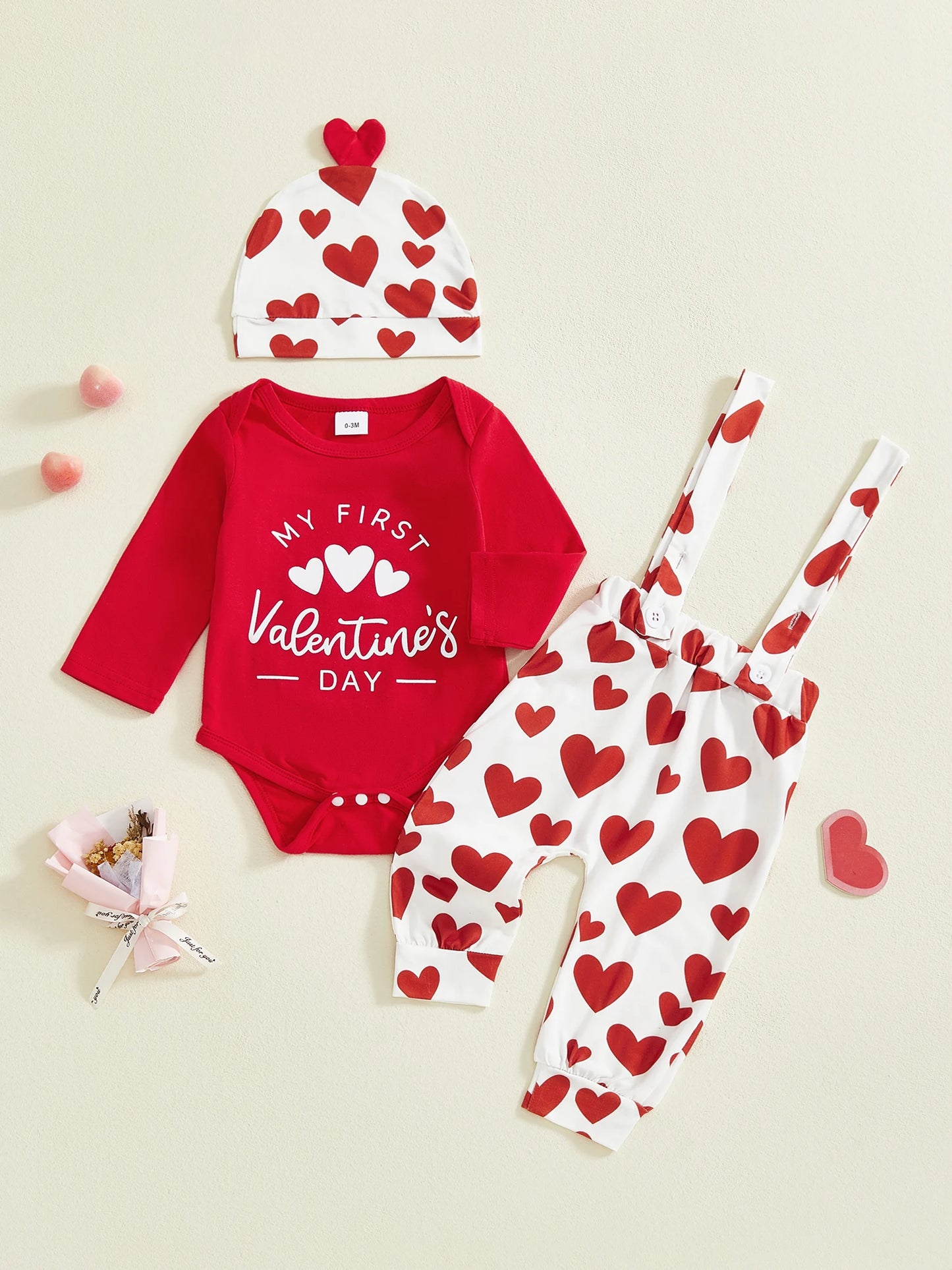 Baby Boys Valentine's Day Outfit Set - Heart Print Romper with Suspender Pants & Hat 0-18M