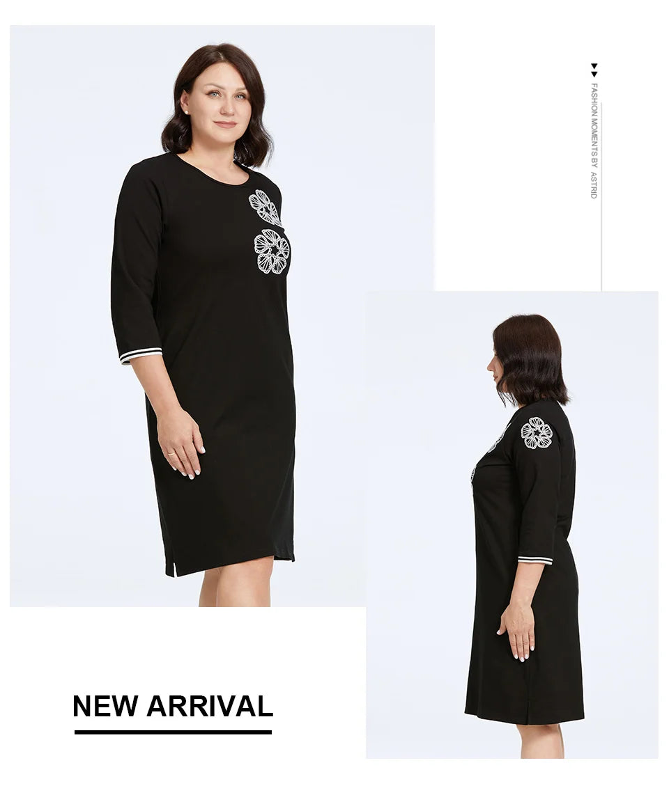 Women's Oversized Floral Embroidery A-Line Midi Dress – Long Sleeve