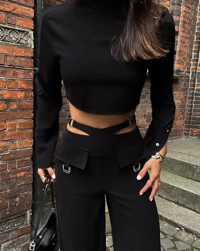 Women's Crossover Two Piece Set with High Collar Long sleeves  Wide Leg Pants Set