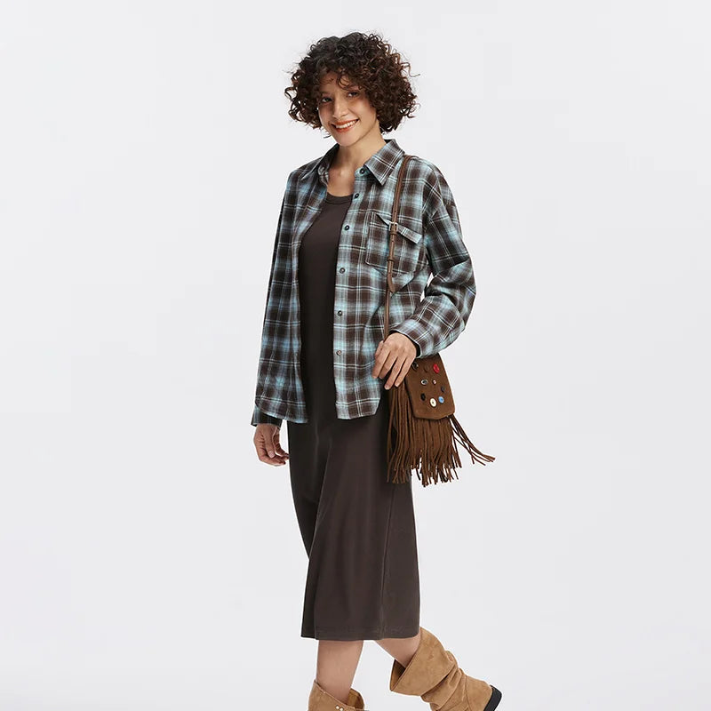 U-Neck Vest Dress & Checkered Shirt Set - Vintage Two Piece Autumn Outfit