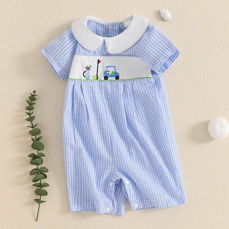 Baby Boys Romper - Doll Collar Golf Embroidery Plaid Jumpsuit