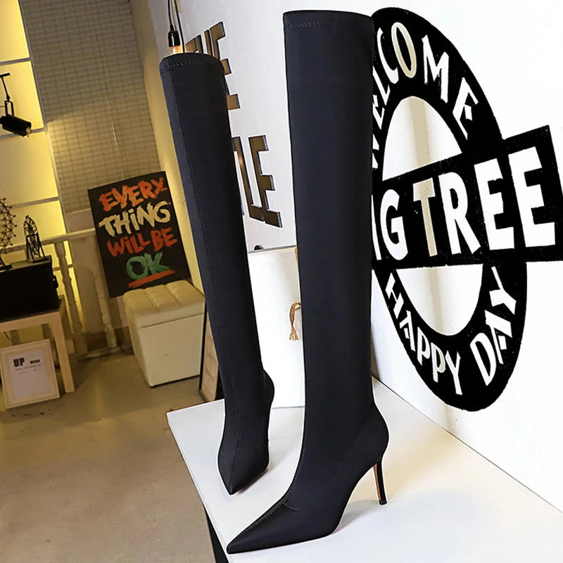 Satin Over-the-Knee Boots - Pointed Toe High Heel Elastic Autumn Winter Boots