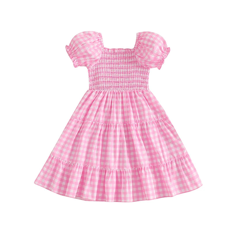 4-6Y Kids Girl's Summer Dress Plaid Print Short Puff Sleeve Square Neck Tiered A-Line Dress