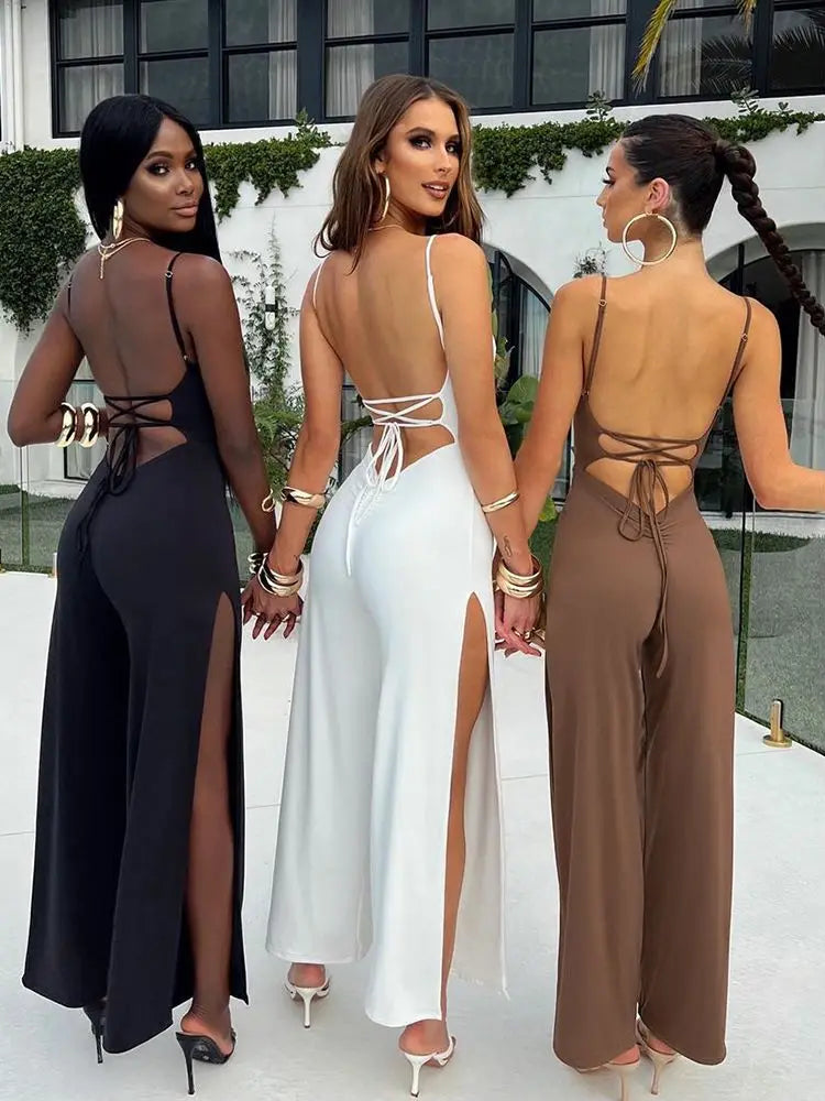 Women's Bandage Slip Backless Jumpsuits - One Piece Bodycon Split Long Rompers Sleeveless Overalls