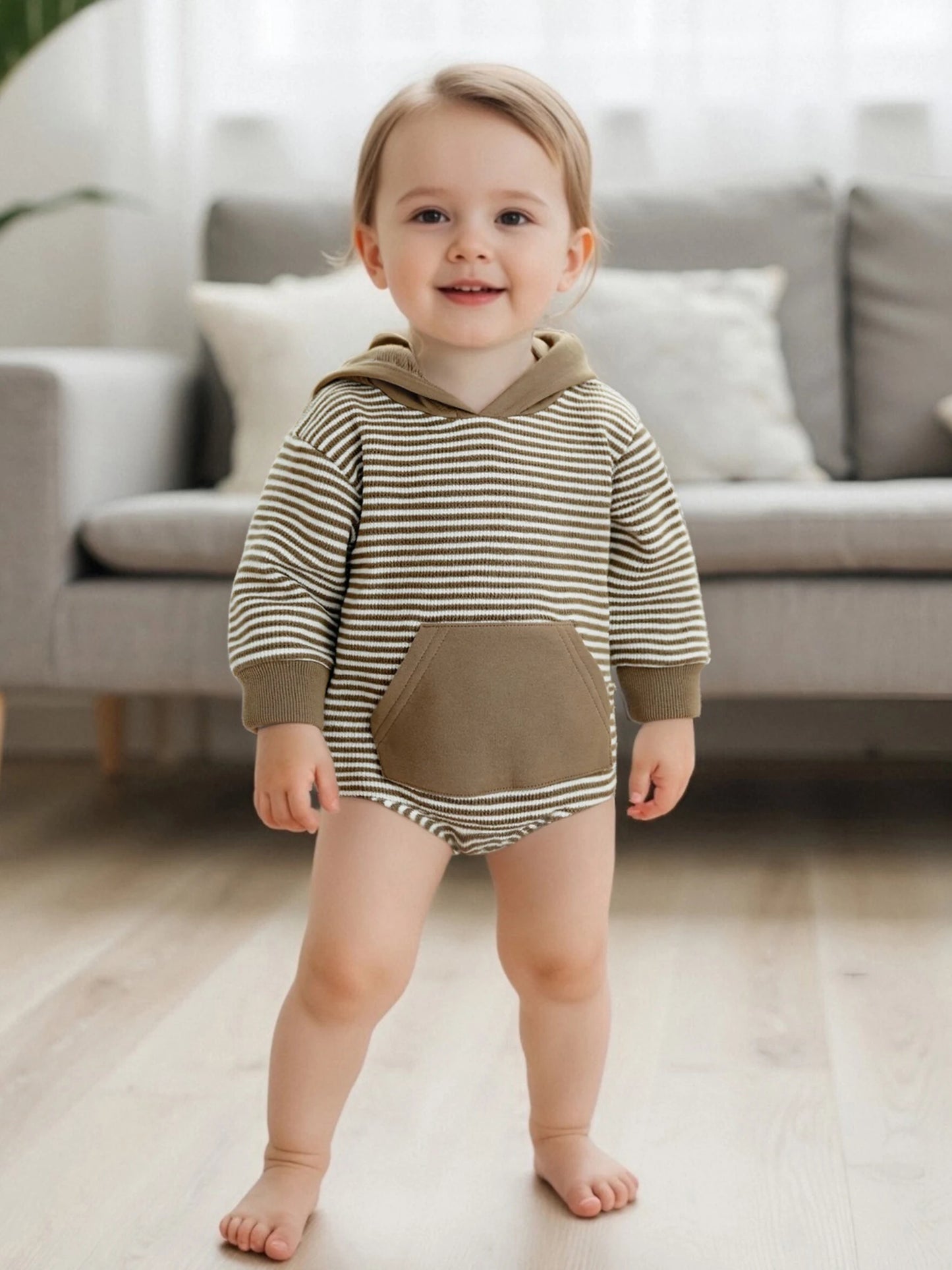 Newborn Baby Boys Fall Romper - Long Sleeve Hooded Stripe Bodysuit with Front Pocket (0-18M)