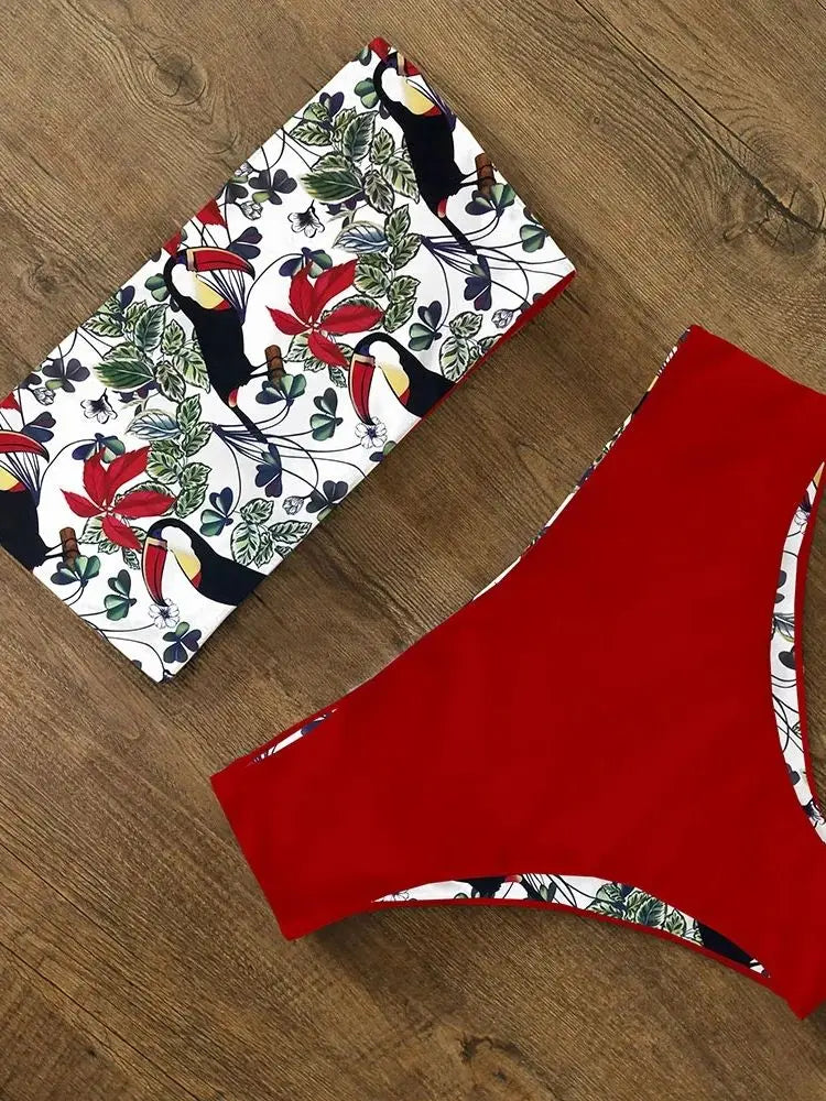 High Waist Bikini Set - Cross Back Bandeau Swimsuit with Print