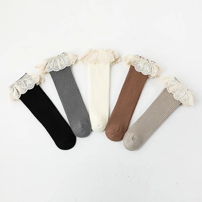 Baby Girls Lace  Stocking Ribbed Knit Non-slip Medium Tube Stockings