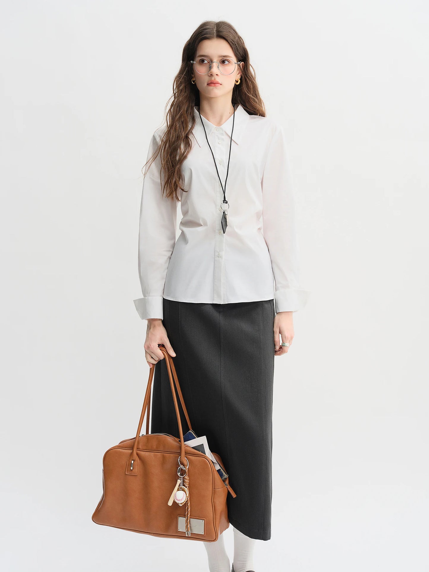 Pleated Tie-Waist Shirt & A-Line Skirt Suit - Tricolour Two-Piece