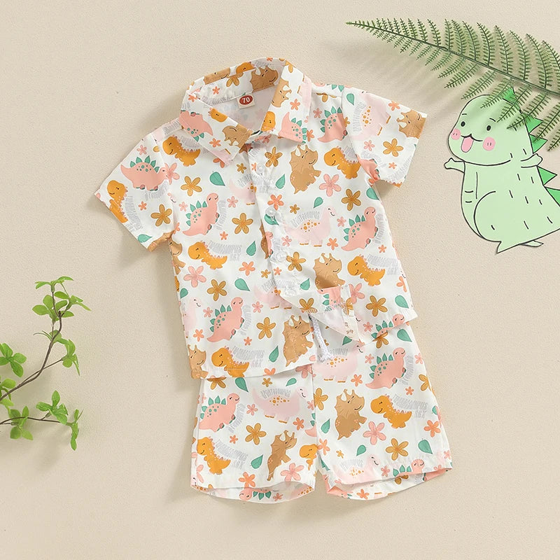 0-3Y Toddler Baby Boys Summer Clothes Sets 2pcs - Short Sleeve Dinosaur Print Button Up Top and Shorts Set