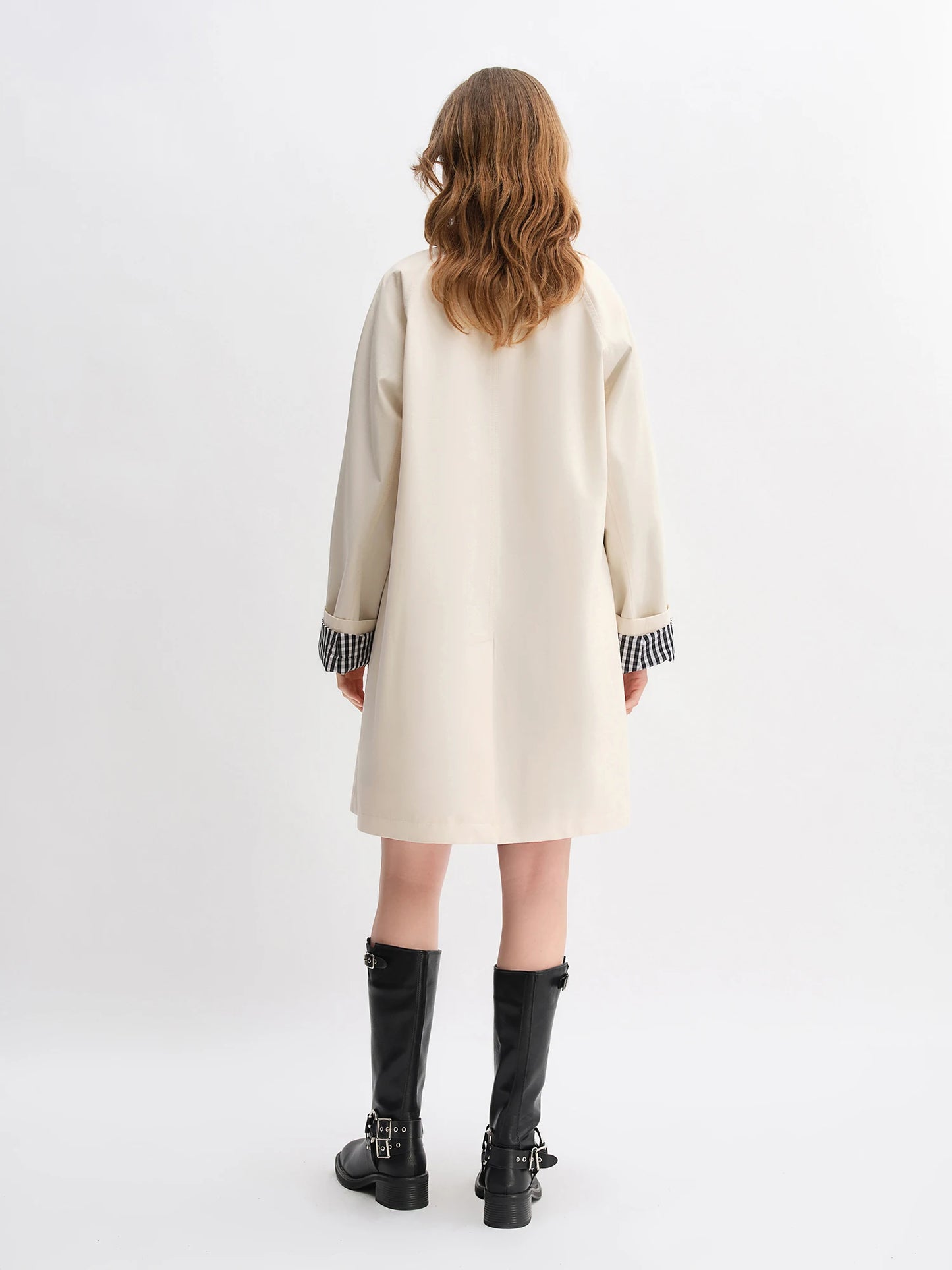 Stand Collar Trench Coat - Plaid Patchwork Relaxed Fit Windbreaker