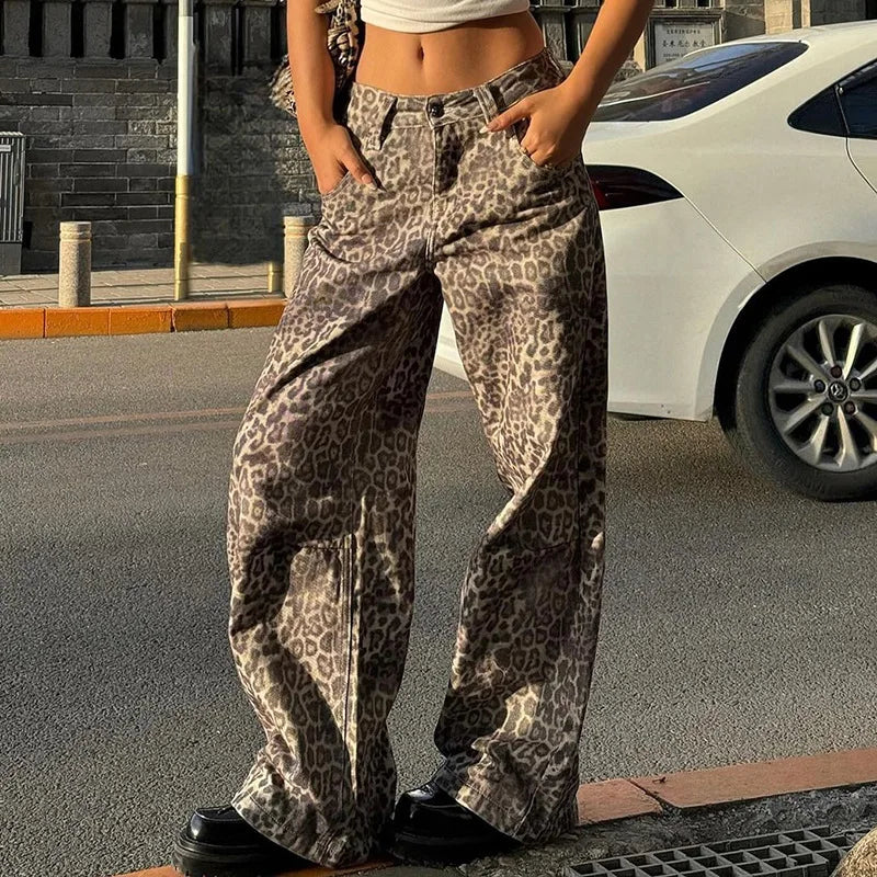 Women's Leopard Print Retro Straight Long Loose Slightly Flared Trousers