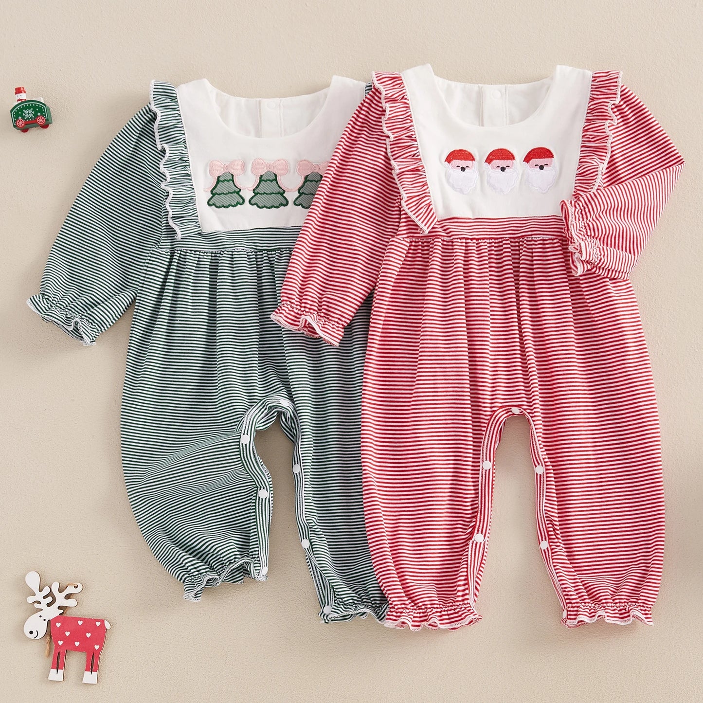Christmas Santa and Tree Embroidery Plaid Romper - Baby Boys Girls Jumpsuit