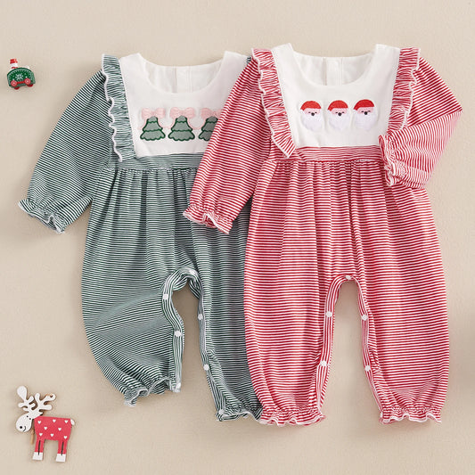 Christmas Santa and Tree Embroidery Plaid Romper - Baby Boys Girls Jumpsuit