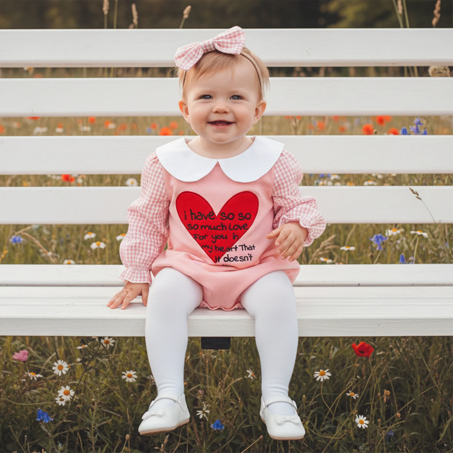 Baby Girls Boys Valentine's Day Letter Heart Embroidery Plaid Long Sleeve Doll Collar Romper