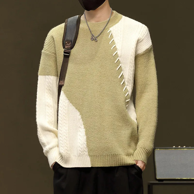 Men's Warm Patchwork Round Neck Knitted Pullover Sweater