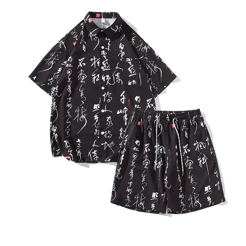 Men's Summer Print Chinese Style Short Sleeve Sports Casual  Shirt and Shorts