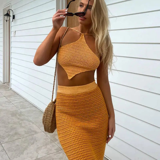 Women's Knitted Summer Beach 2 Piece Set Outfit Top and Skirt Matching  Co-Ord Set