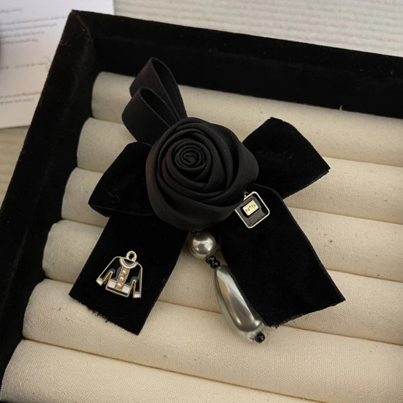 Retro Fabric Camellia Flower Brooch - Bow Crystal Pearl Tassel Lapel Pin