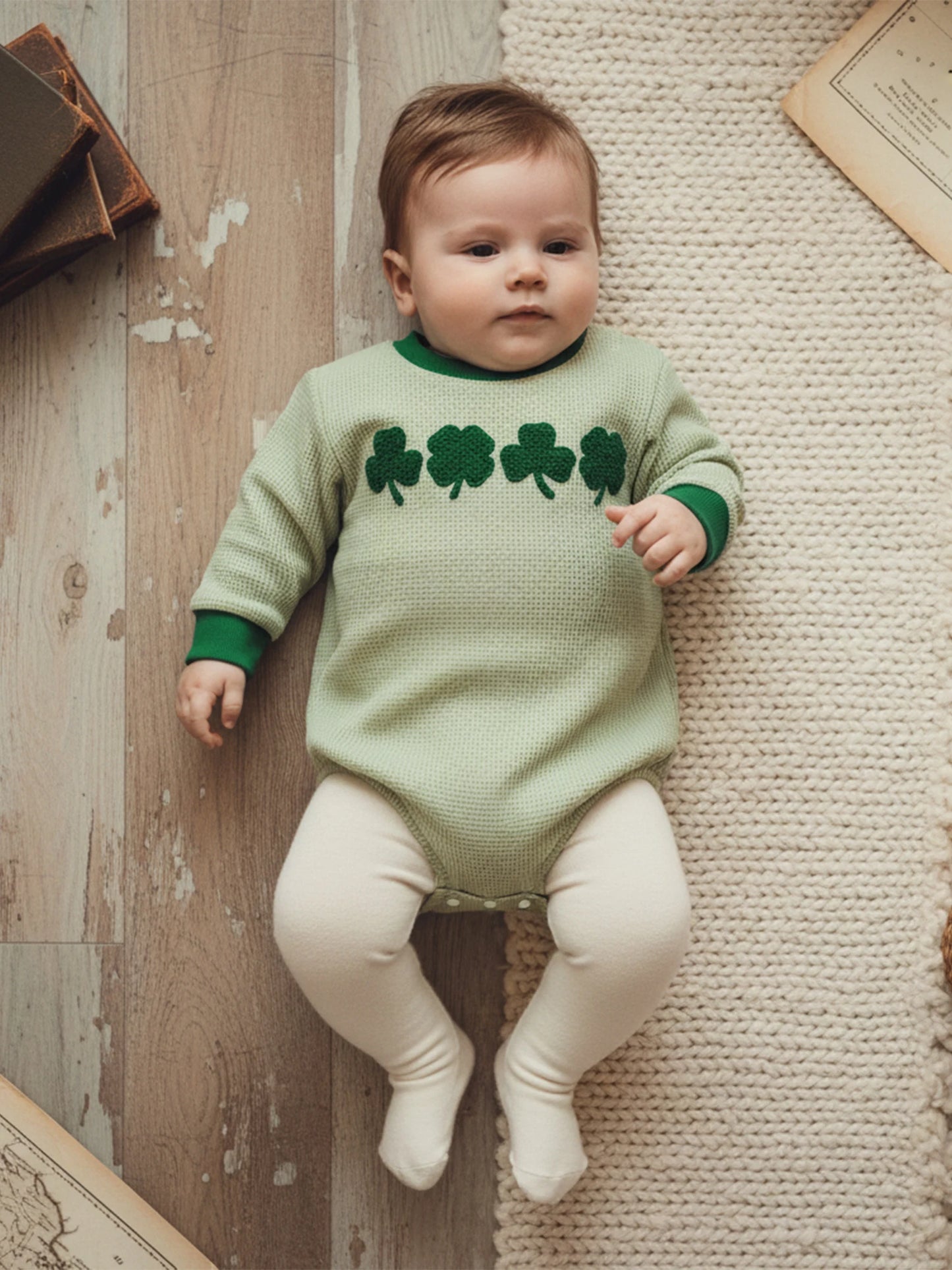 Baby Boys Girls Festival Romper - Shamrock Embroidery Plaid Long Sleeve Jumpsuit