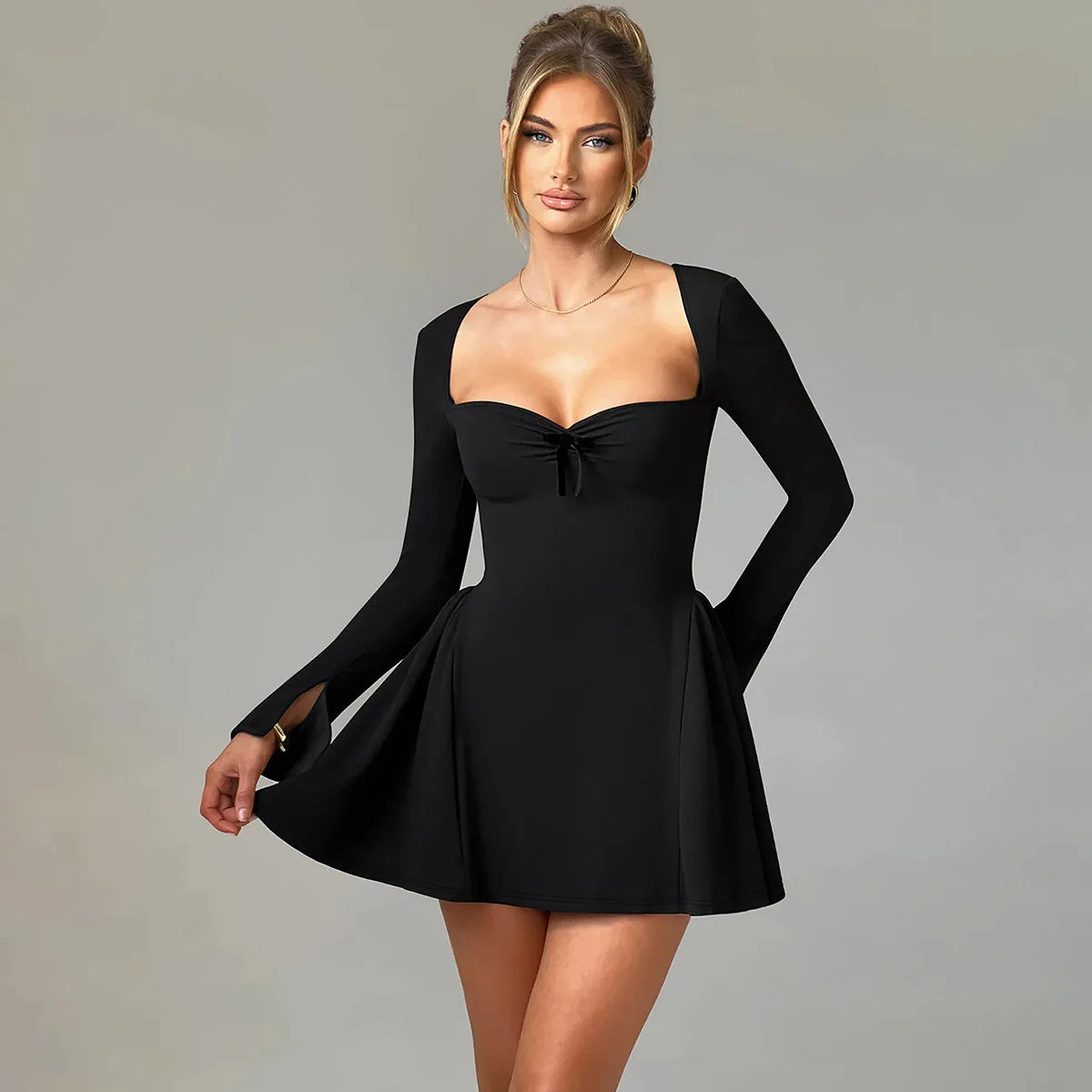 Women's Square Collar Elegant Slinky A-Line Mini Dress - Bow Detail Long Sleeve Ruched Dress