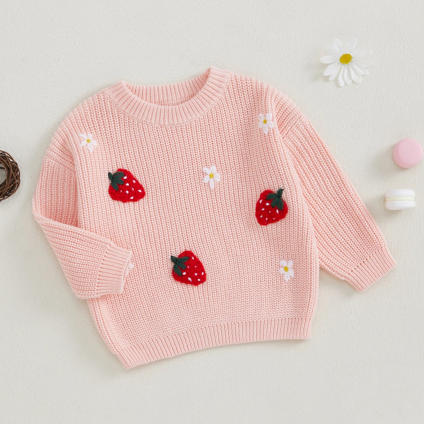 0-3Y Winter Baby Girls Lovely Knit Sweater - Long Sleeve Flower Fruit Embroidery Pullover Knitwear