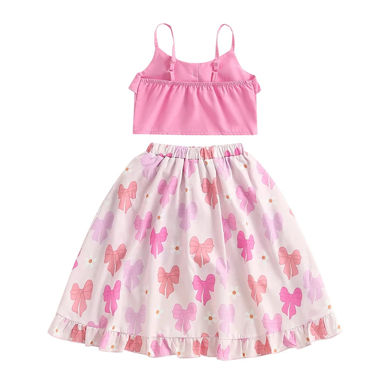 Girls' Floral Print Sleeveless Camisole & Bow Ruffle High-Low Skirt Set