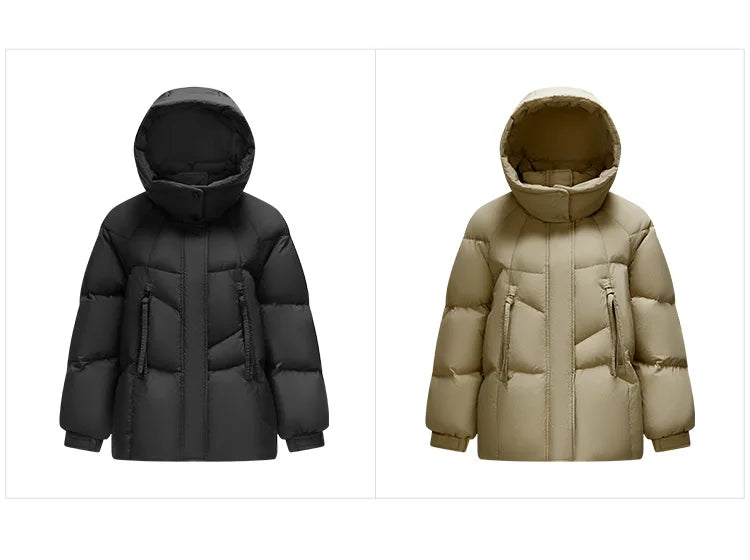 Mid-Length Loose Fit Hooded Down Jacket - Women's Textured Winter Coat